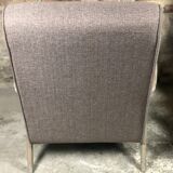 Chairs (pair) in curved rough oak and beige and brown woven mottled fabrics