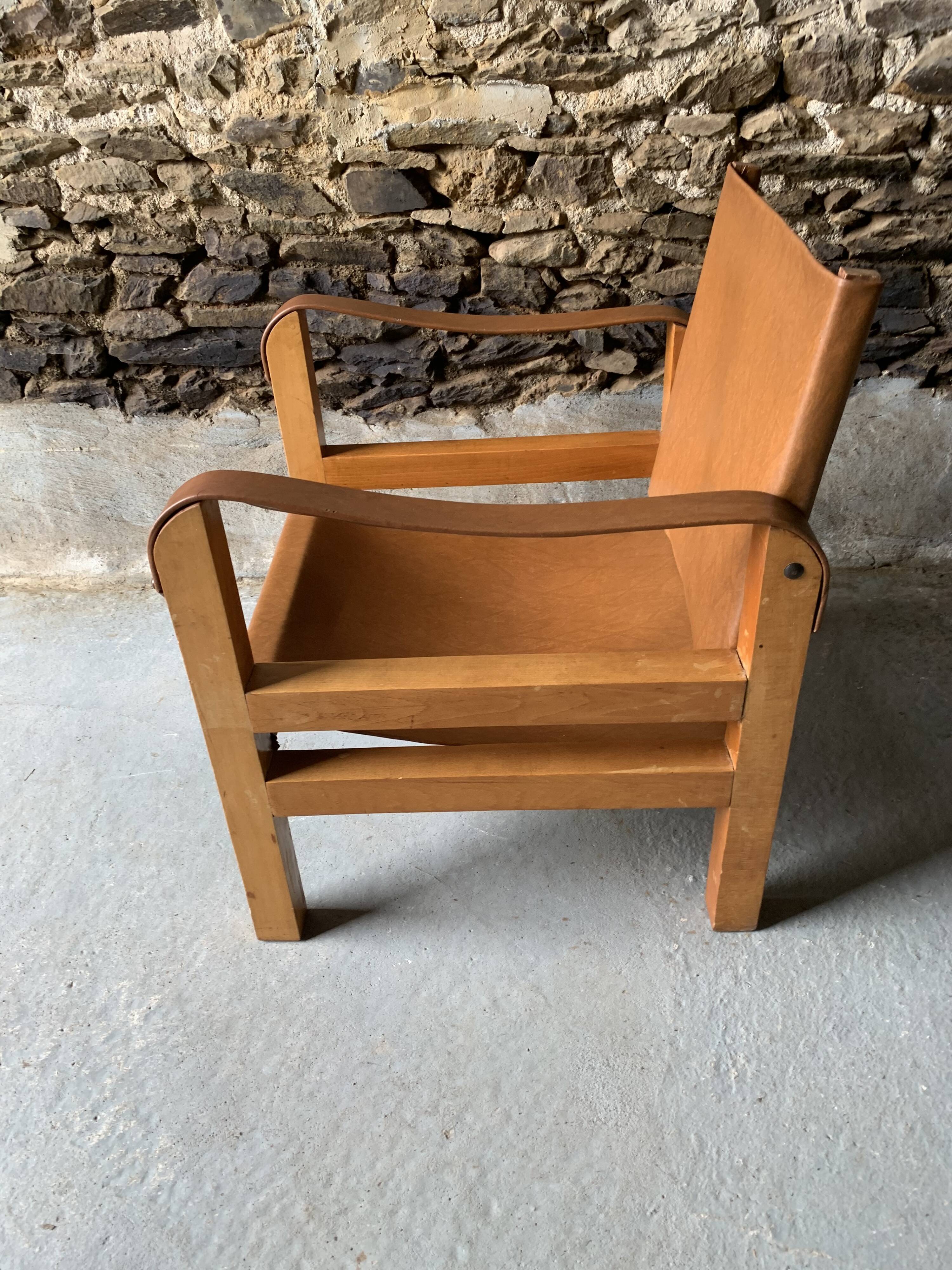 Safari armchair in wood and leather -1950's