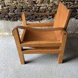 Safari armchair in wood and leather -1950's