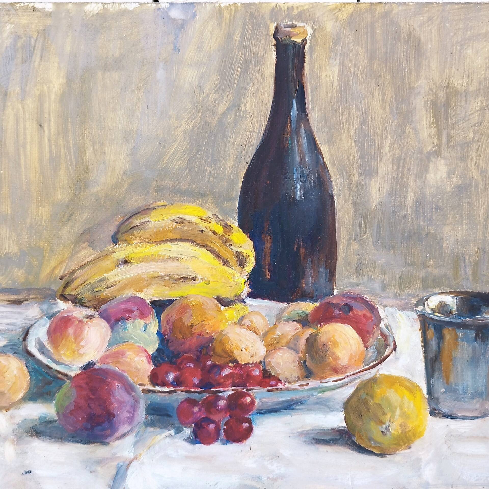 Still life painting fruit basket cider gouache