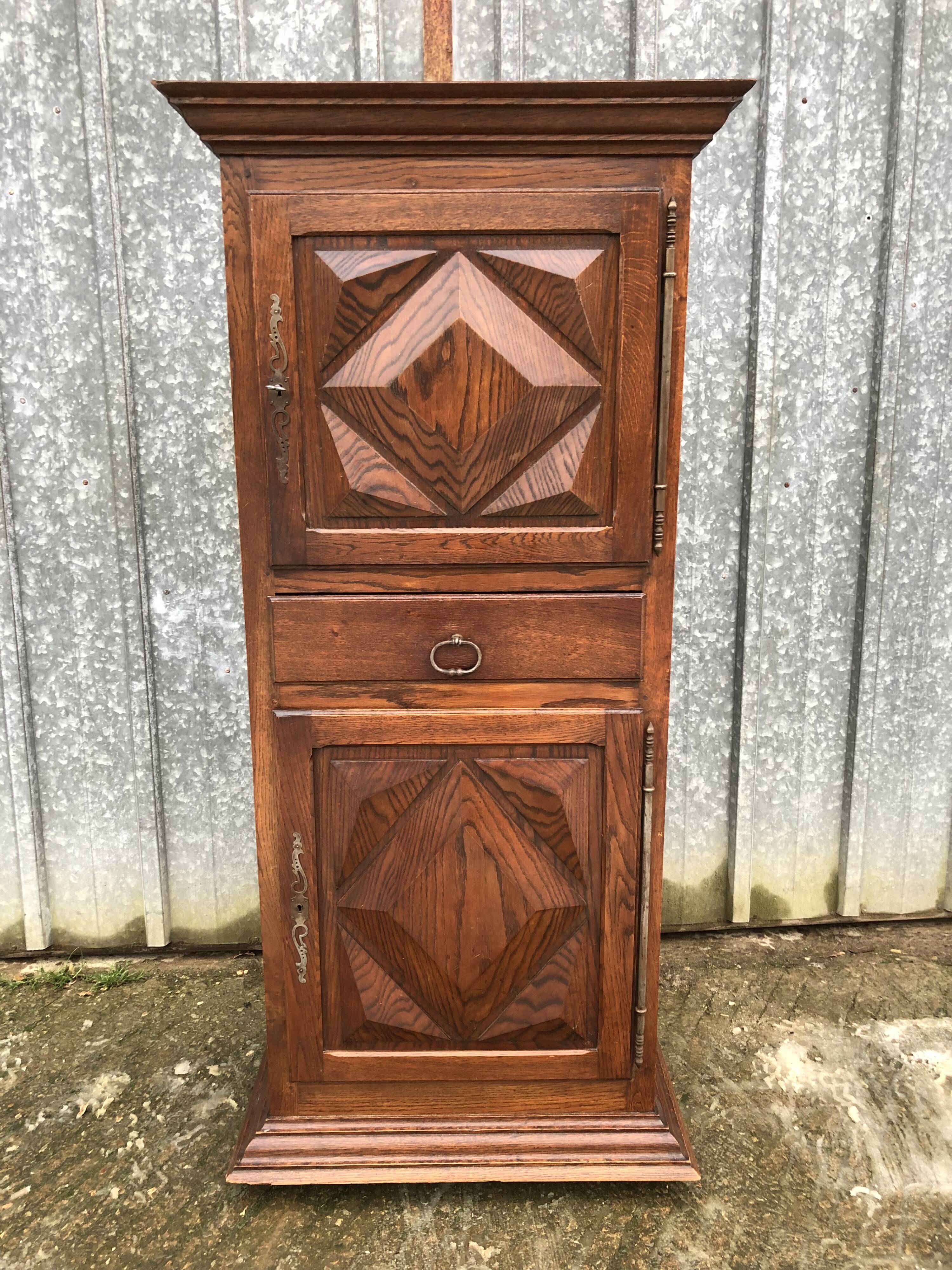 Solid oak wardrobe with 2 doors and 1 drawer in neo Louis XIII style.