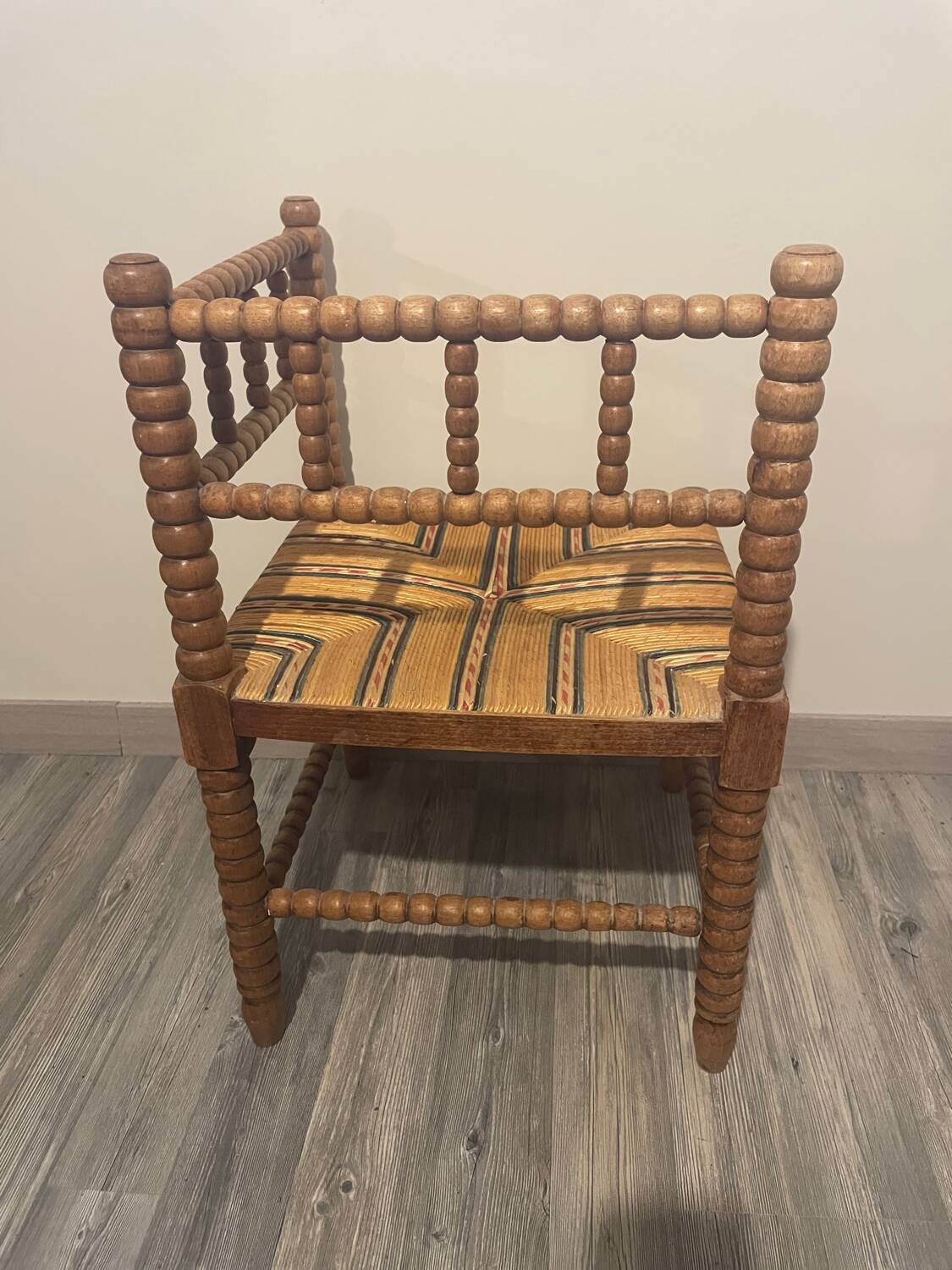 Vintage Art Deco Bobbin Wood and Straw Corner Chair, 1930s