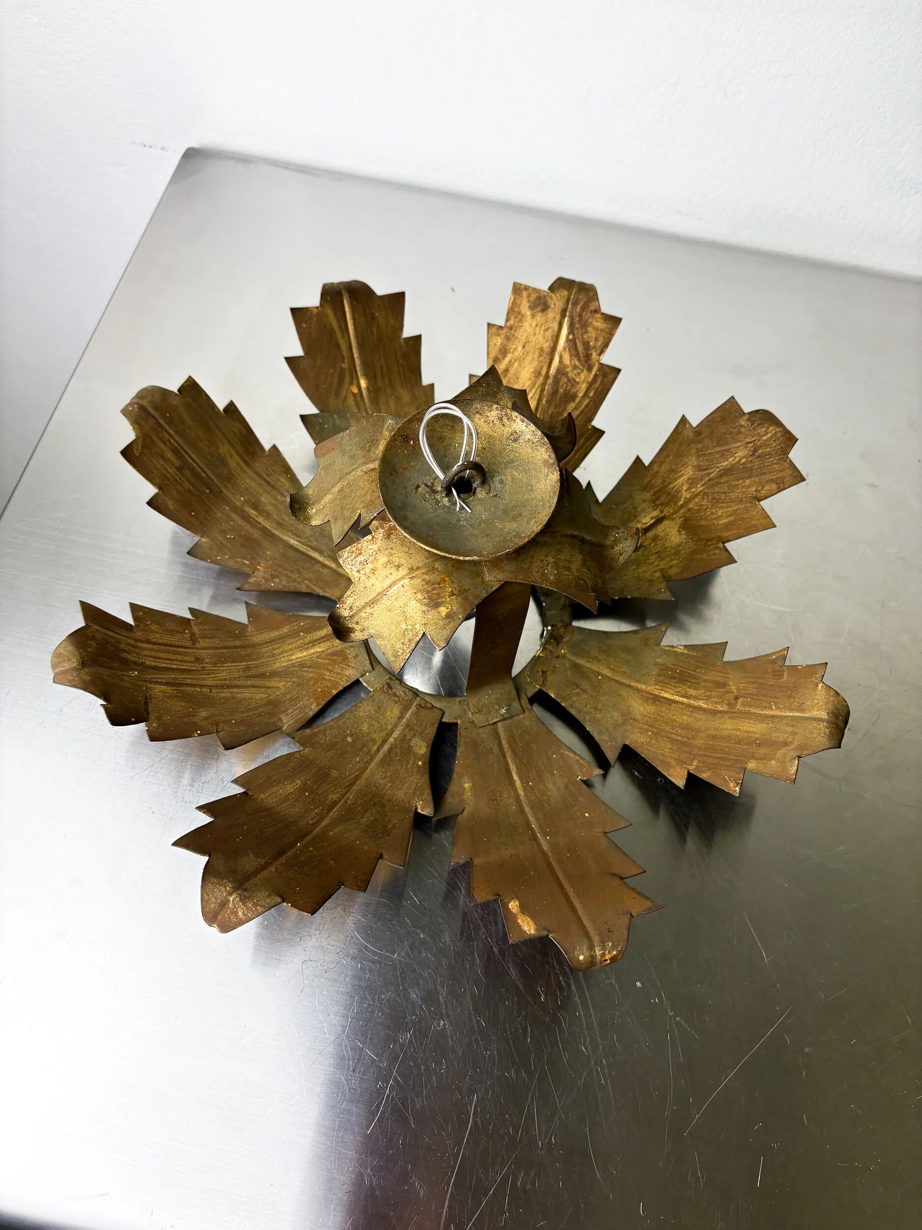 Spanish sunburst flush mount light fixture in gilt iron, circa 1970s