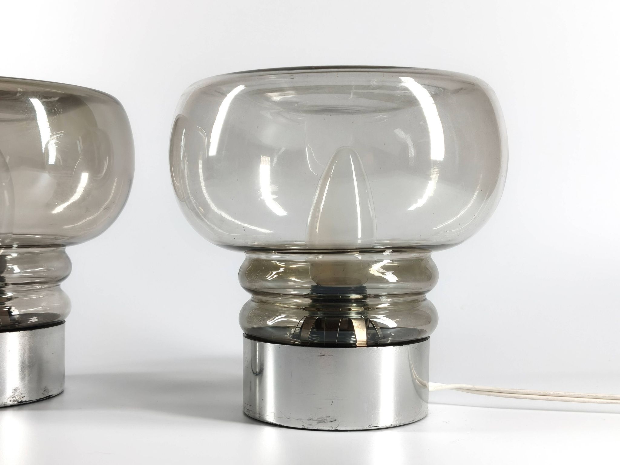 Pair of vintage 70s lamps in smoked glass – retro design lighting