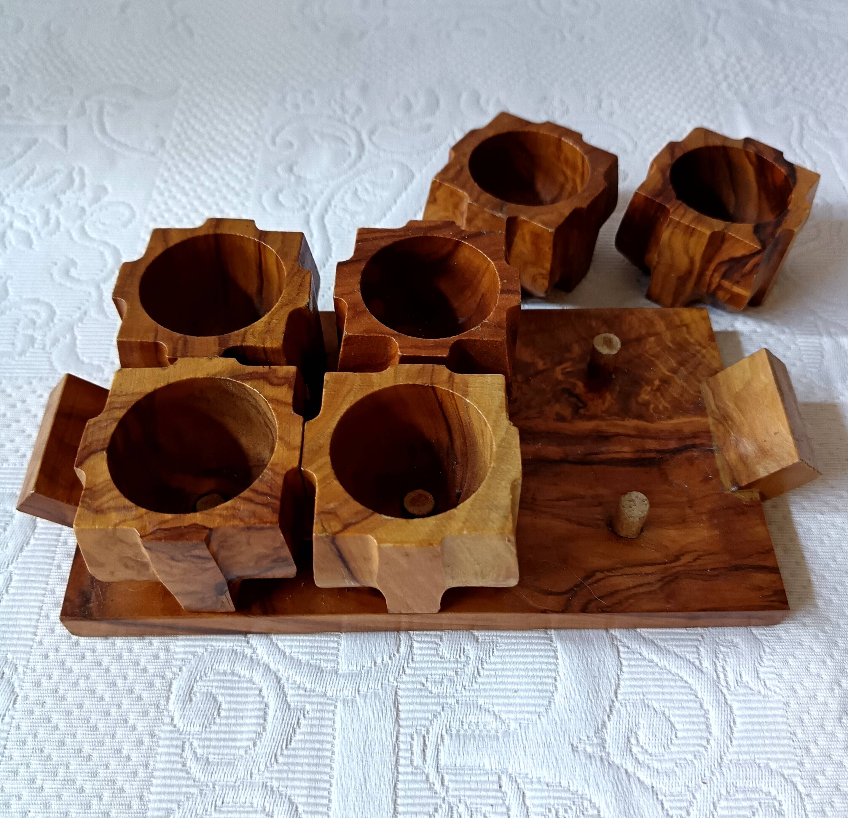 6 vintage egg cups on olive wood tray France