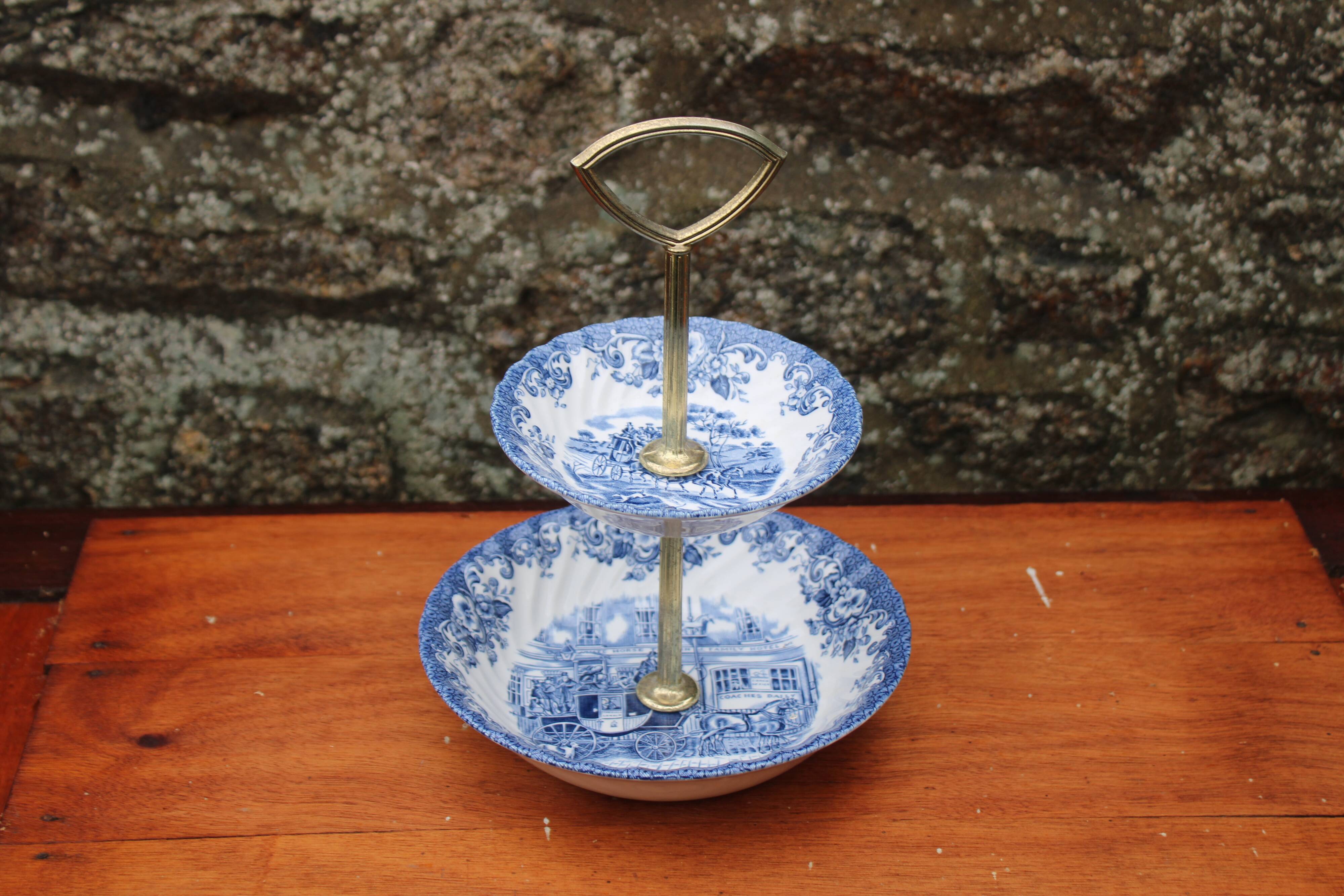 Johnson Bros. Two-Tier Serving Dish – “Coaching Scenes” – Blue English Earthenware