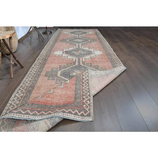 Orange Brown Turkish Vintage Oushak Wool Handmade Rug Runner 122x365