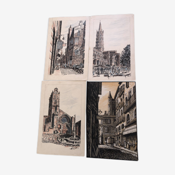 Lot 1 ENGRAVING TOULOUSE rue St Rome, MARTI 1950 + 3 DRAWING Ink & pastel rue Taur St Etienne Sernin
