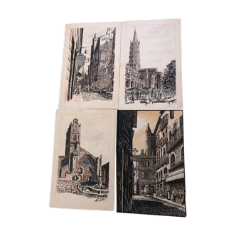 Lot 1 ENGRAVING TOULOUSE rue St Rome, MARTI 1950 + 3 DRAWING Ink & pastel rue Taur St Etienne Sernin