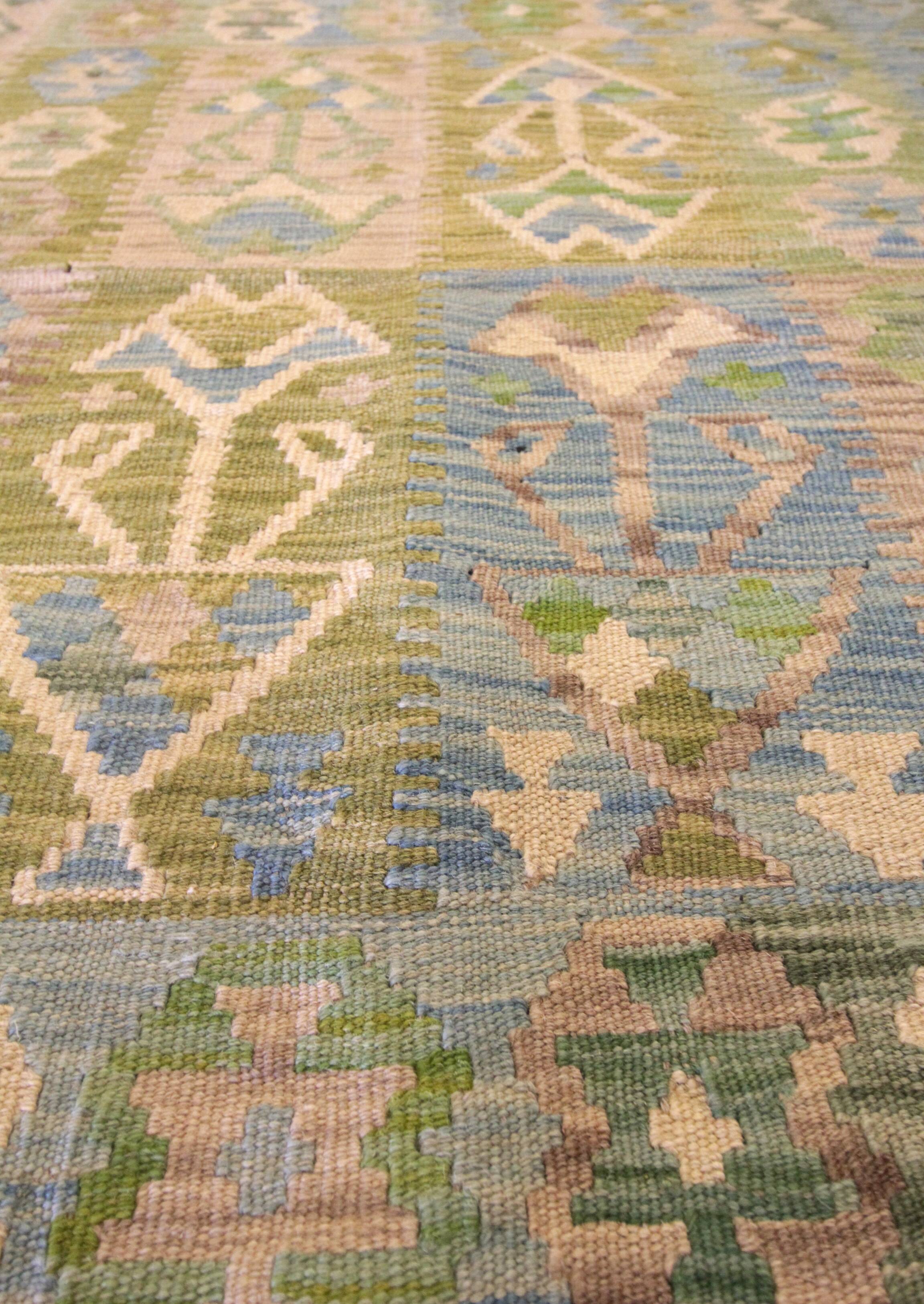 Laine verte Afghan Kilim Traditionnel Géométrique Tissé à plat Tapis fait à la main - 80x120cm