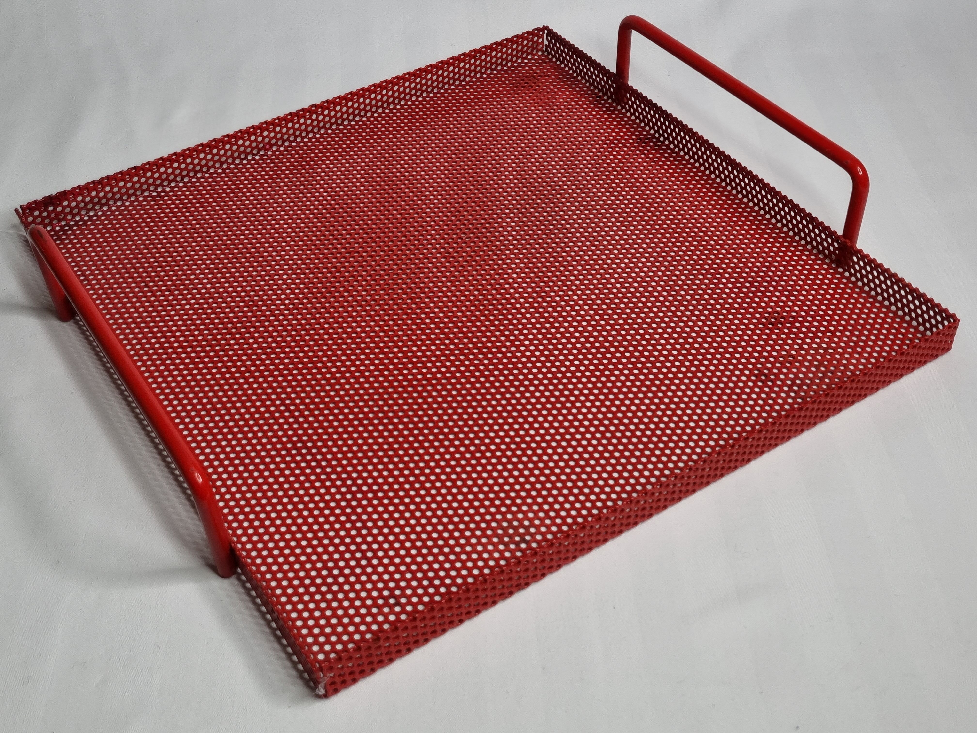 Presentation tray in red lacquered perforated metal, 80s