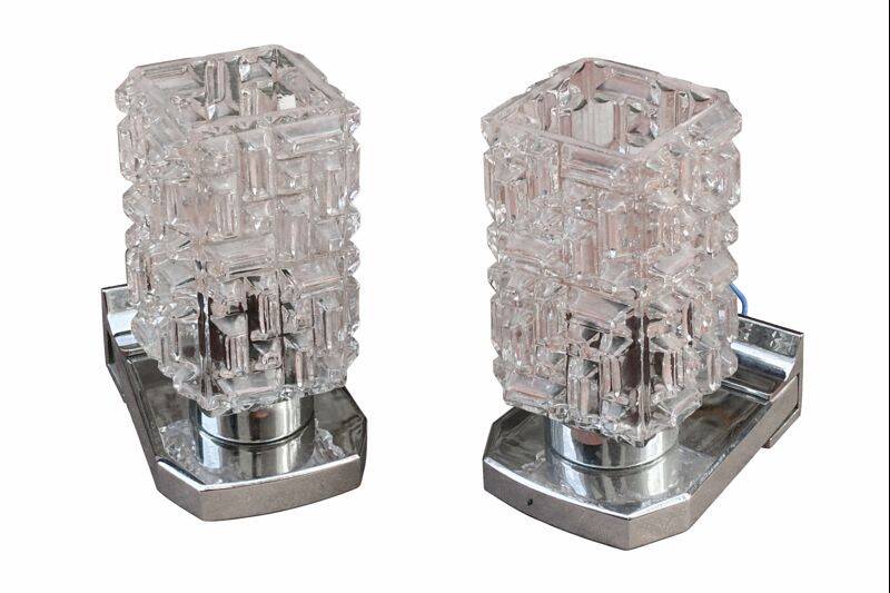 Pair of Vintage Mid-century Wall Sconces 1960s Chrome and Glass