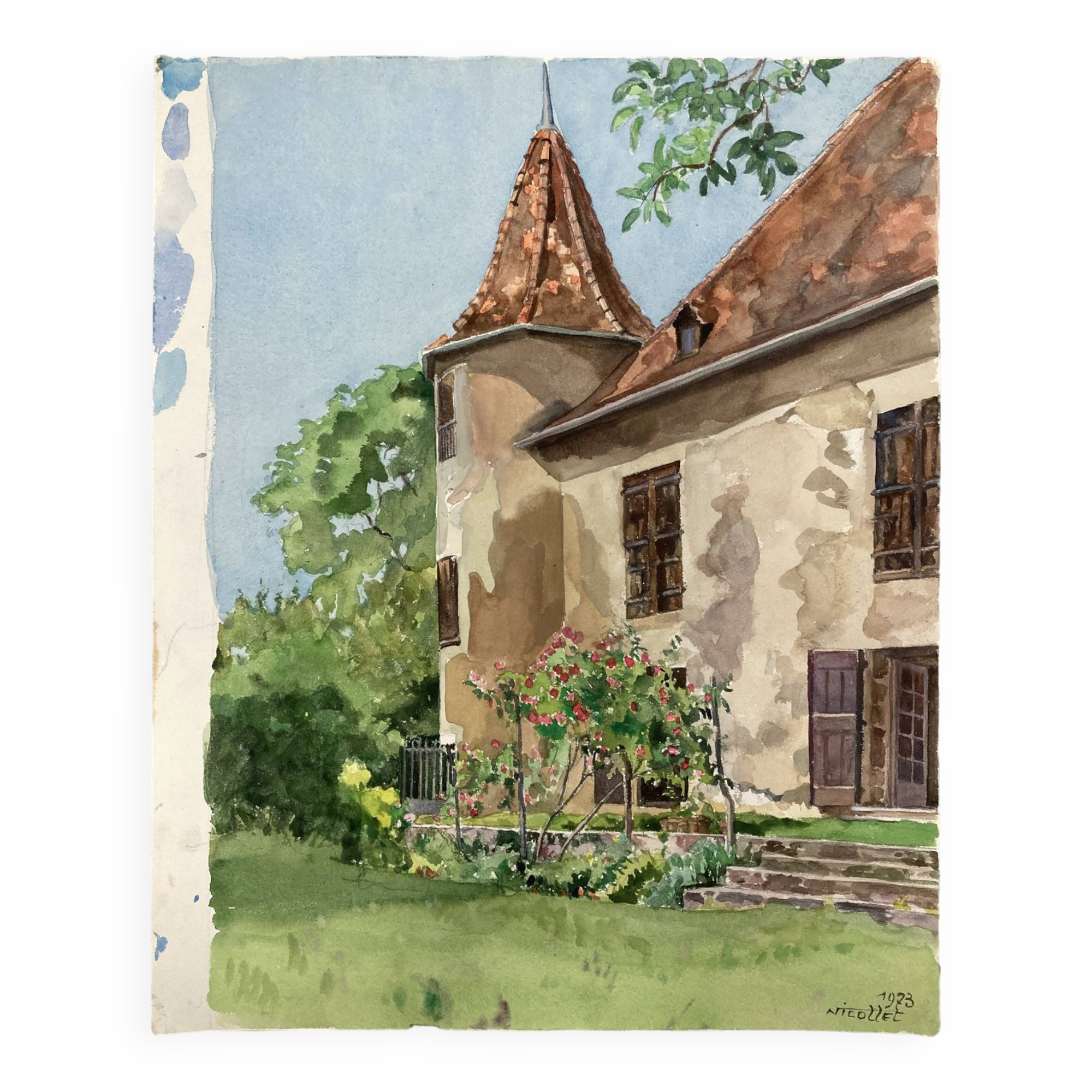 Vintage turret watercolor signed