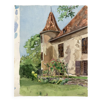 Aquarelle tourelle vintage signée