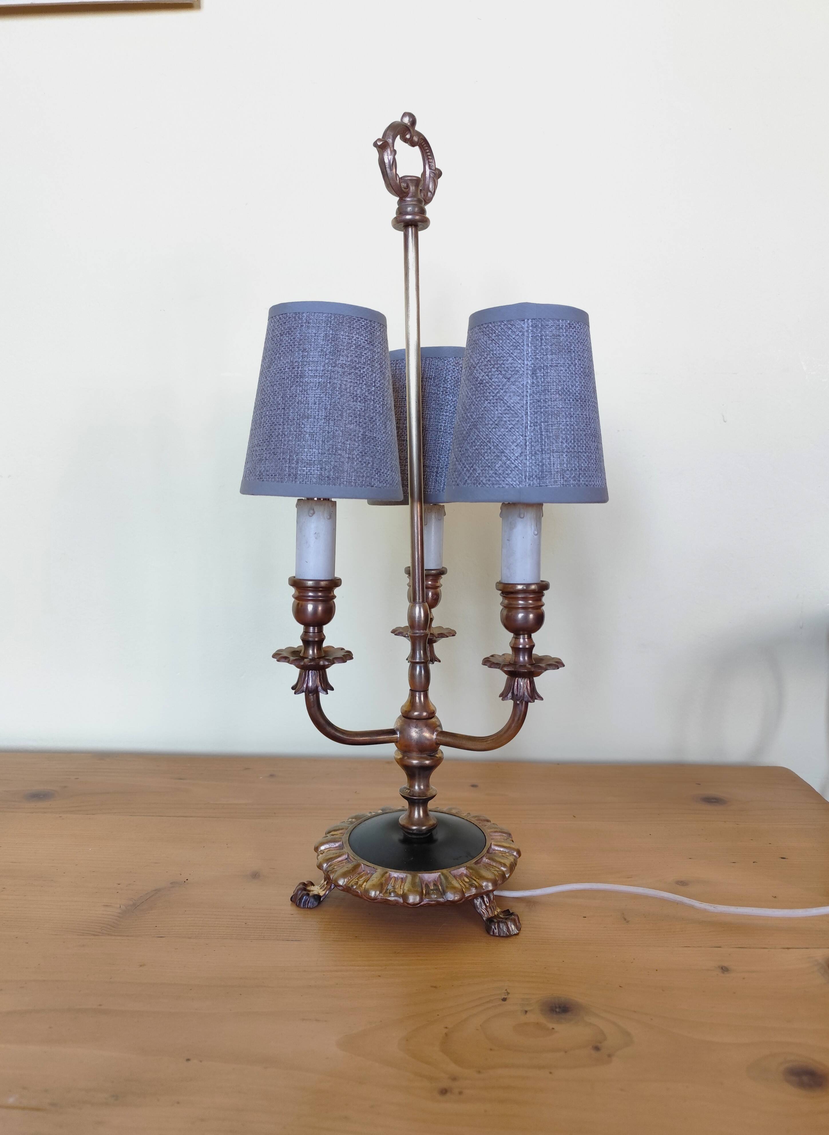 three-light candelabra lamp in metal and gilded brass, bouillotte lamp