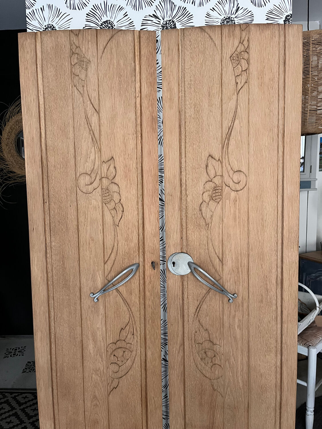 Vintage Art Deco duo of doors Rose and Daisy solid oak wood