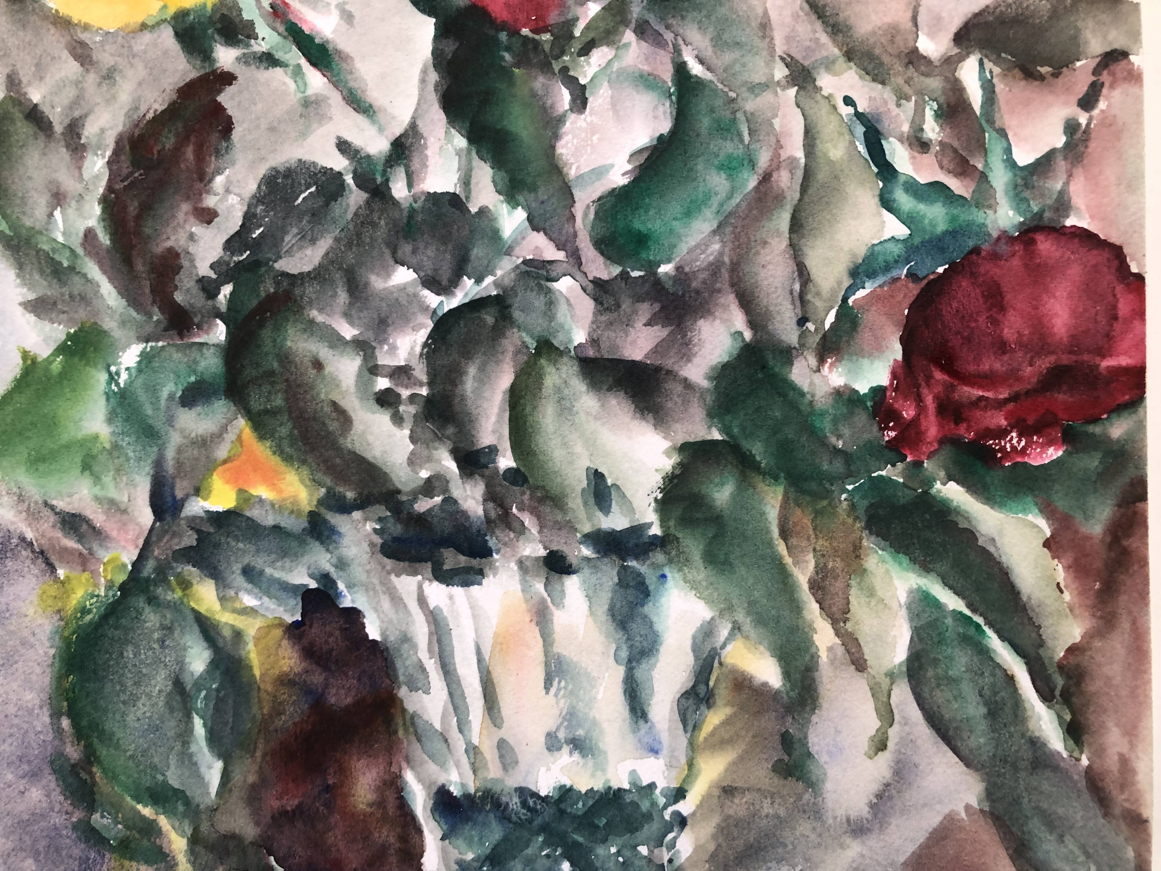 Aquarelle signé godeau : fleurs roses dans vase en verre, figuratif, peinture sur papier sans cadre