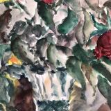 Watercolor signed godeau: pink flowers in glass vase, figurative, painting on paper without frame