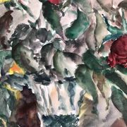 Watercolor signed godeau: pink flowers in glass vase, figurative, painting on paper without frame