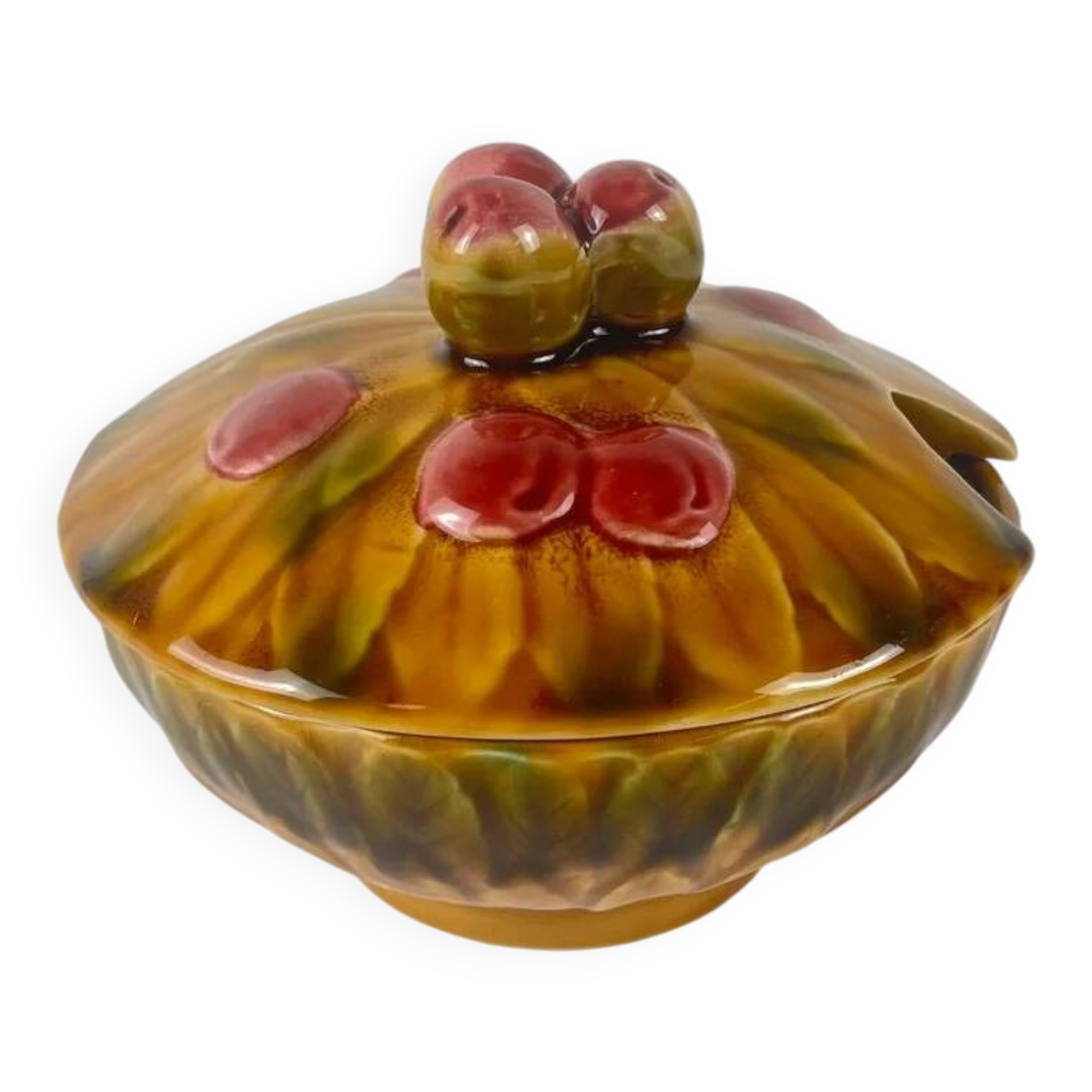 Sugar bowl barbotine Sarreguemines "cherry", 1970