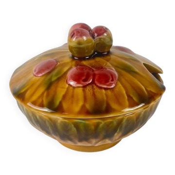 Sugar bowl barbotine Sarreguemines "cherry", 1970