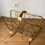 Vintage wrought iron magazine rack with gold butterfly design