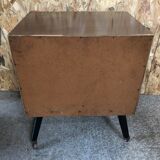 Ancienne commode 4 tiroirs bois pieds compas noir + roulettes années 70 vintage