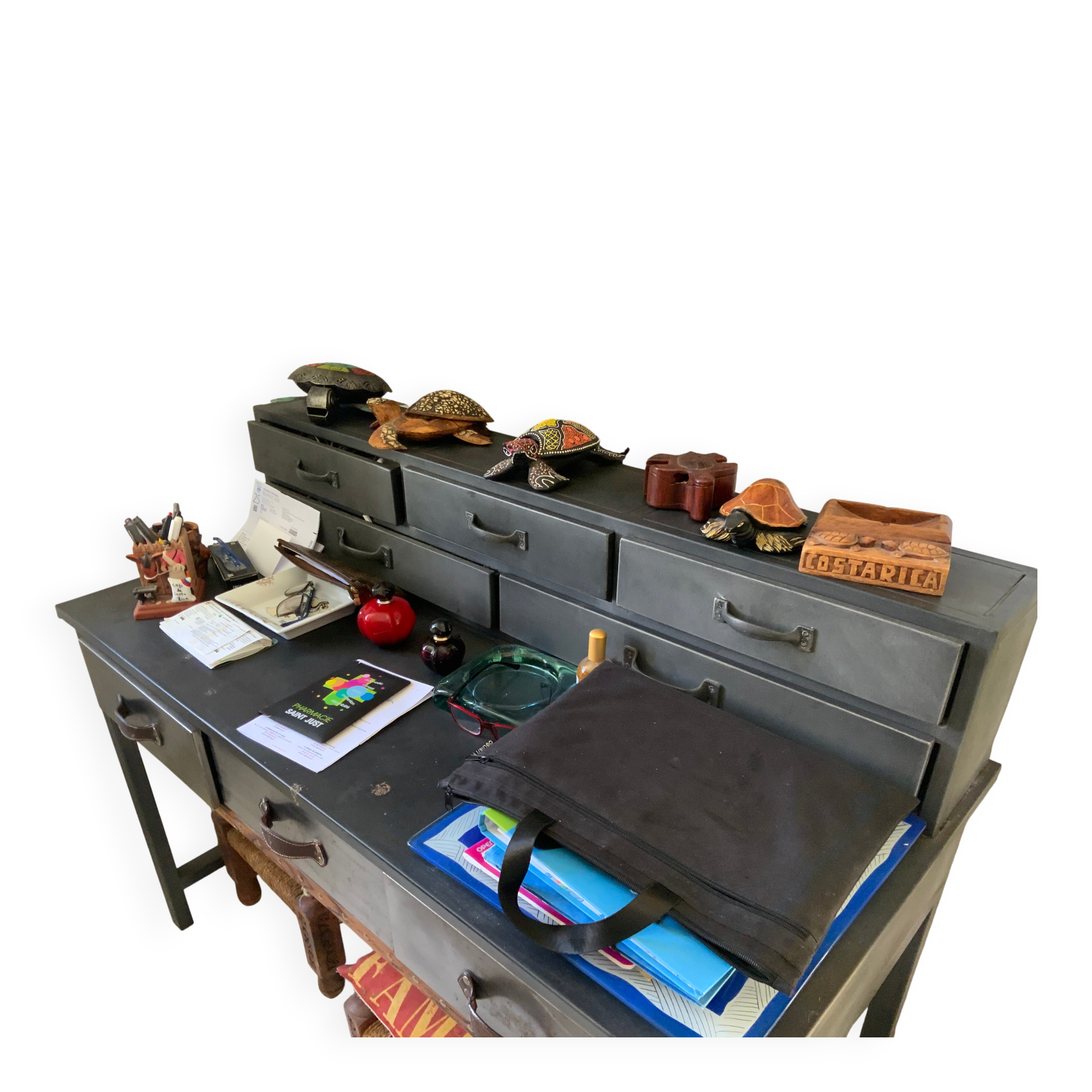 Meuble de bureau en acier et bois cuir