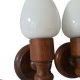 Set of wall lamp wooden support and vintage white opaline globe