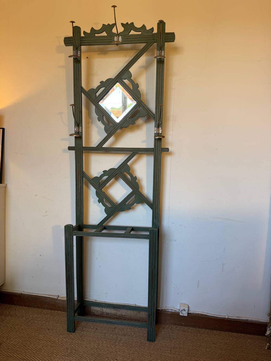 Art Deco coat rack in green patinated wood