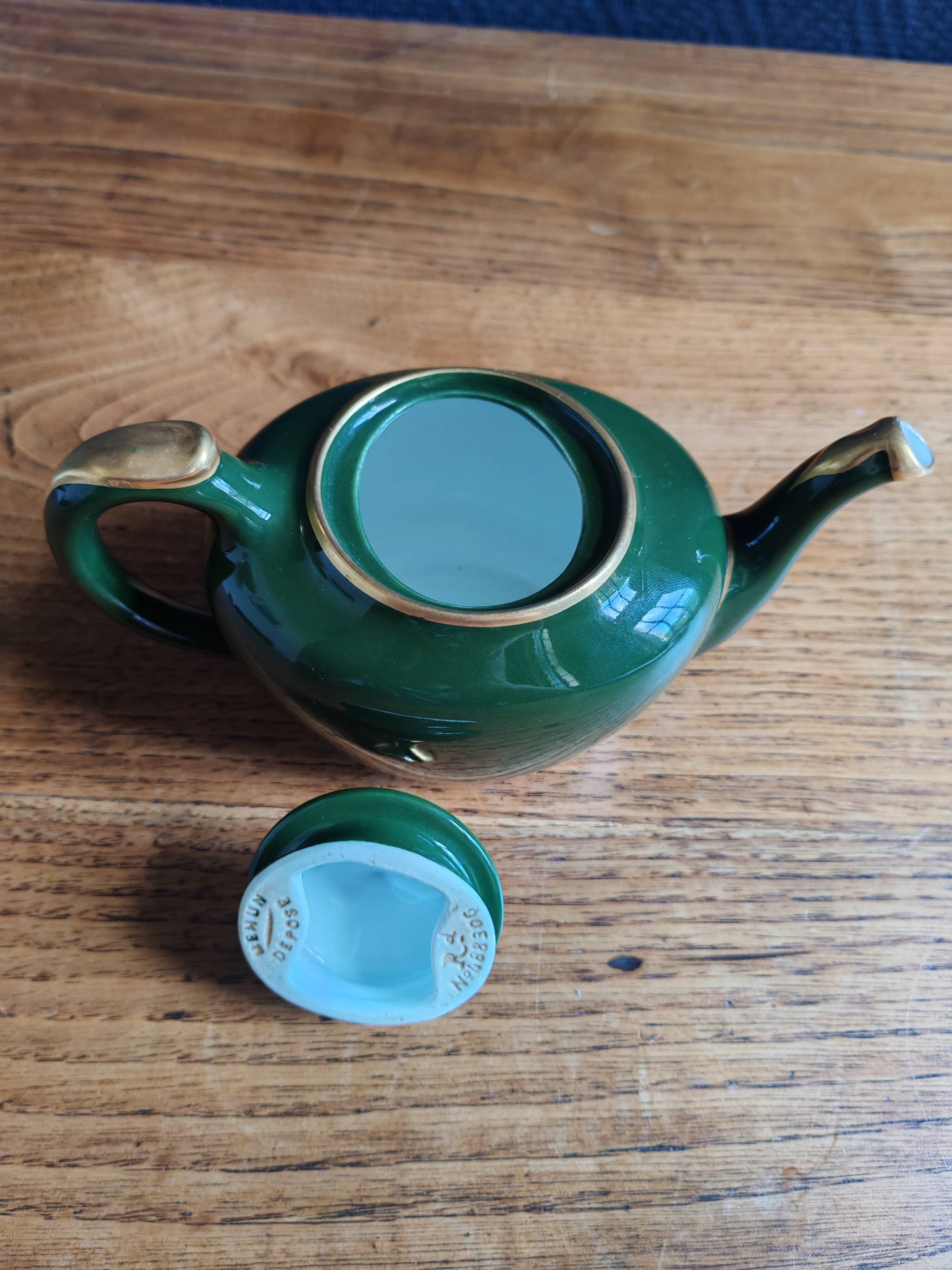 Vintage Teapot Mehun France Numbered, Green and Gold Porcelain