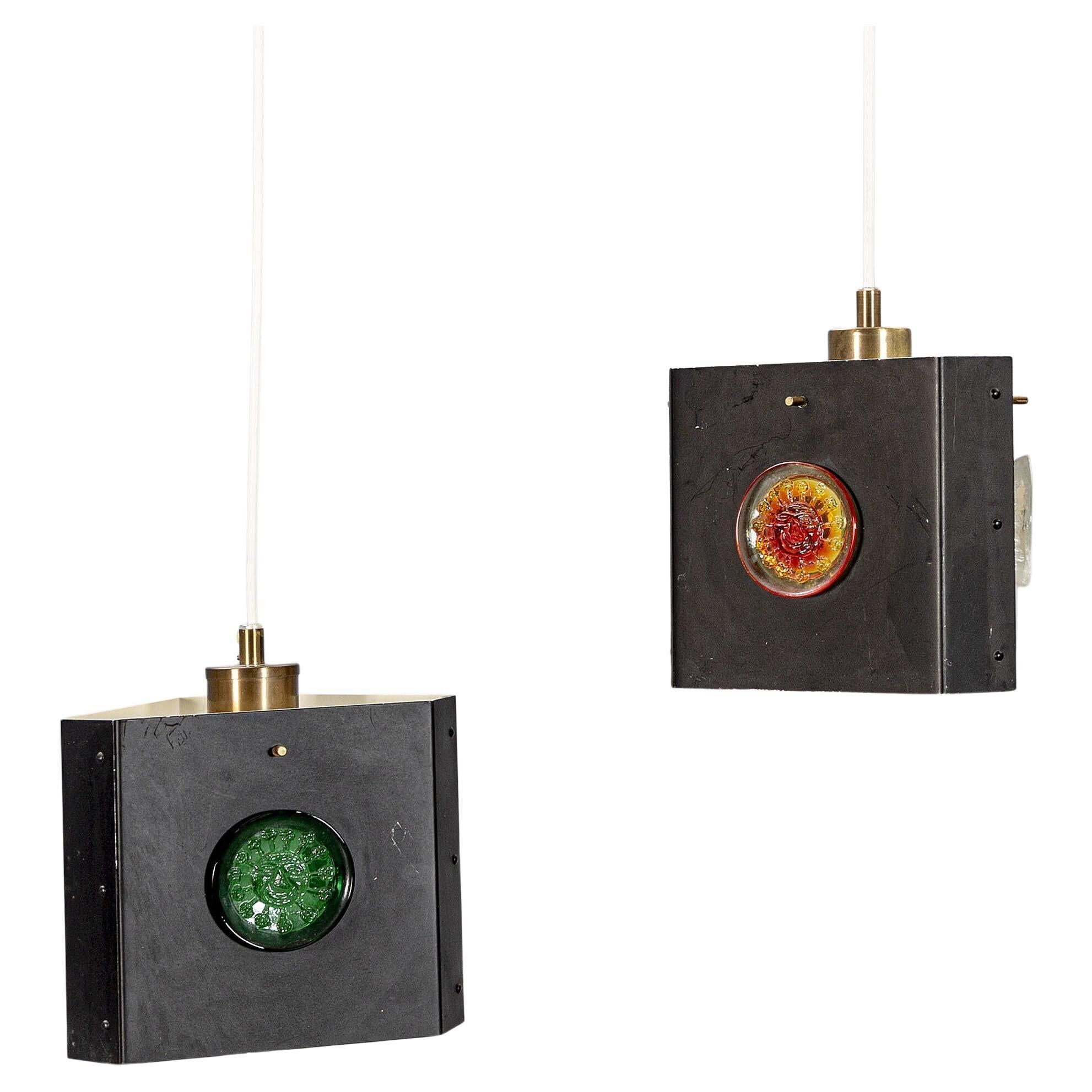 Pair of triangular pendant lamps by Hans Bergstrom, Sweden, 1950.