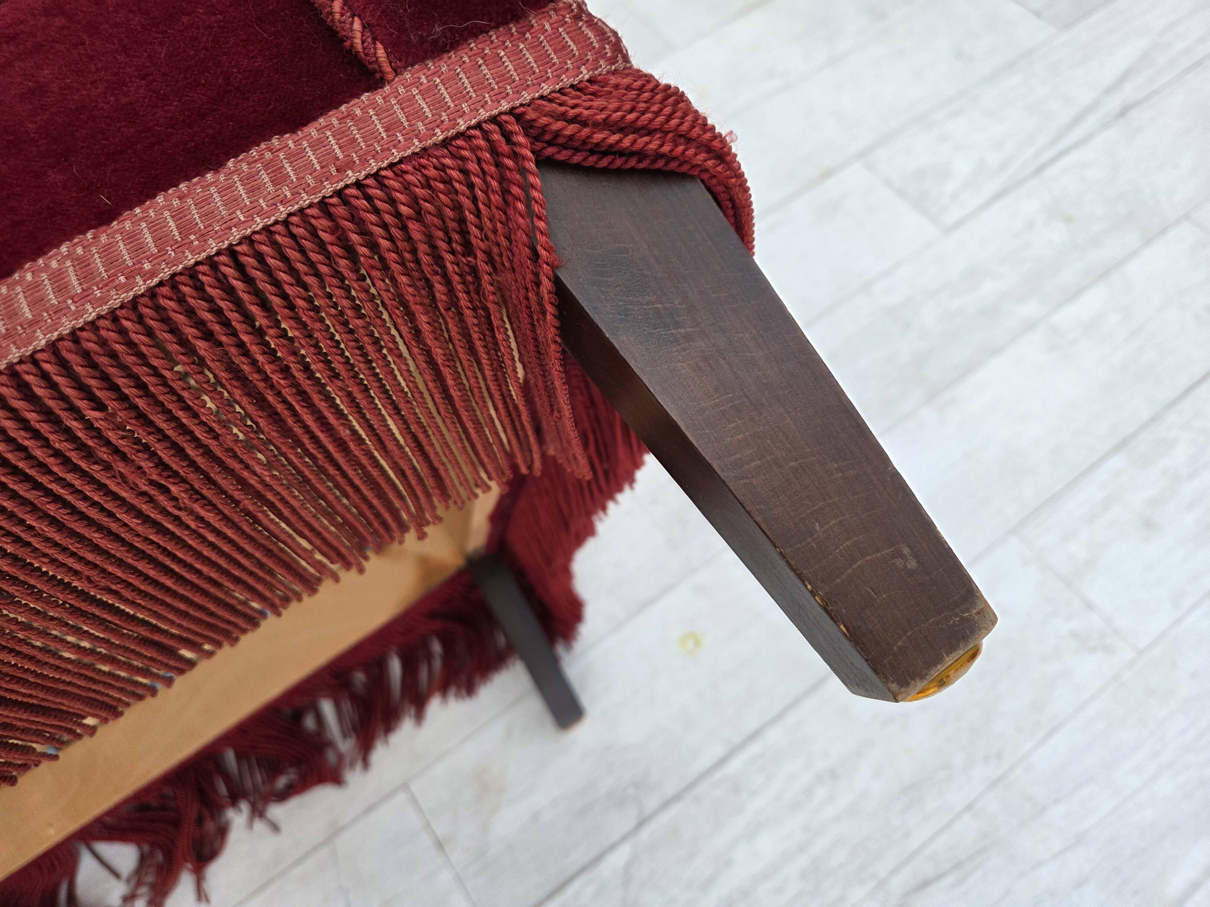 1960s, Danish armchair, cherry-red furniture velour, ash wood, original.