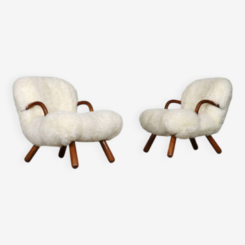 Early pair of arnold madsen clam chairs in curly sheepskin, madsen & schubell, 1944