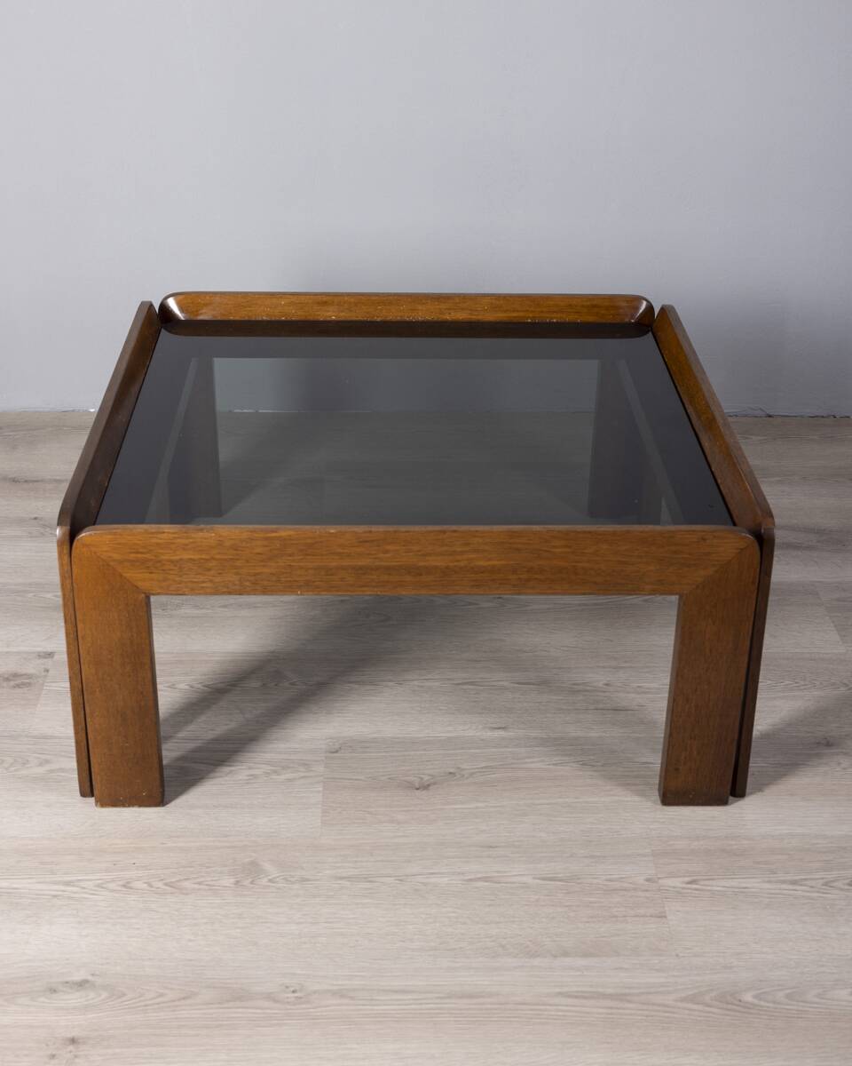 Vintage 1970s wood and glass coffee table designed by Afra and Tobia Scarpa