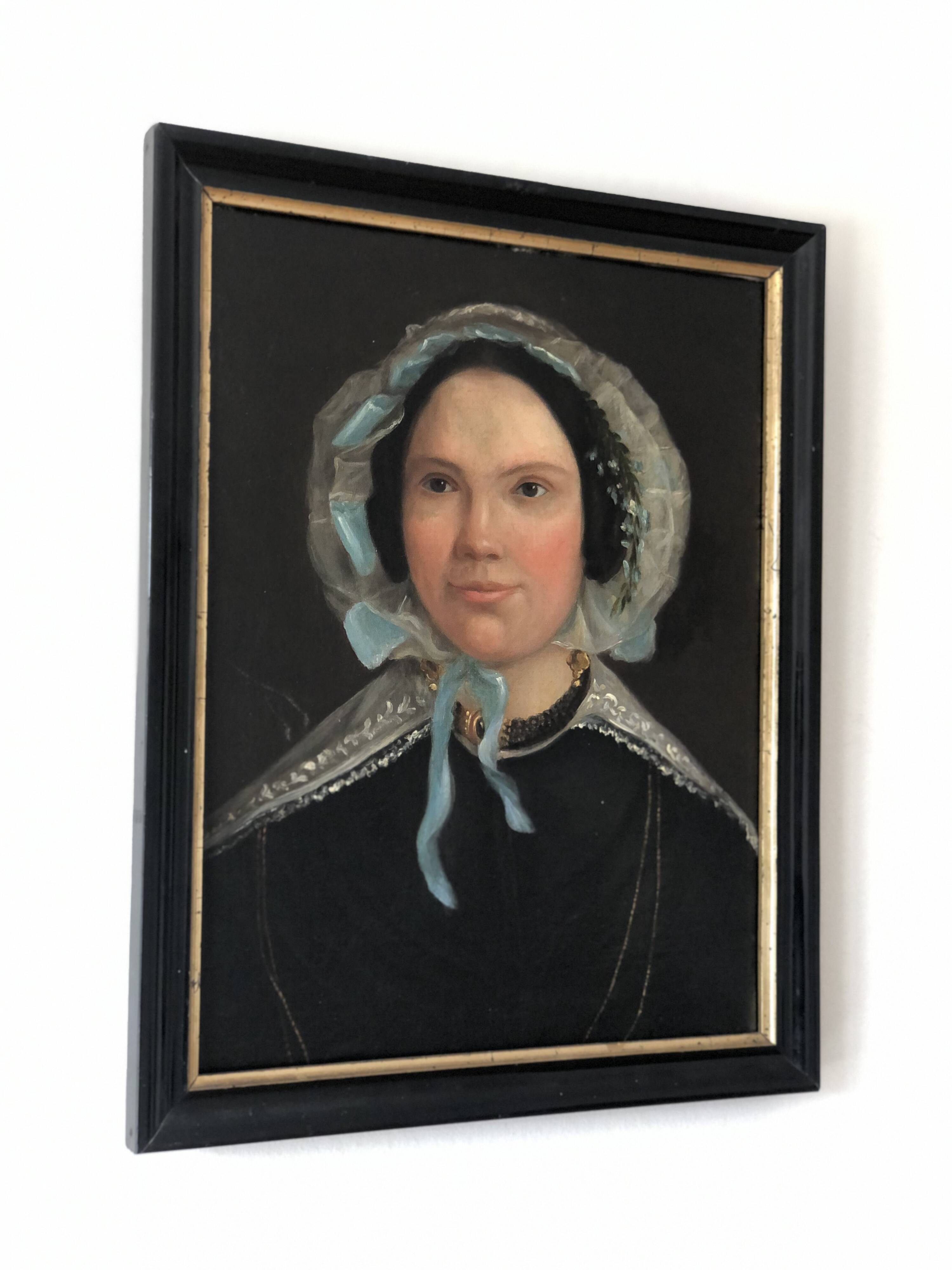 Peinture à l'huile antique vintage d'une dame néerlandaise, 19e siècle