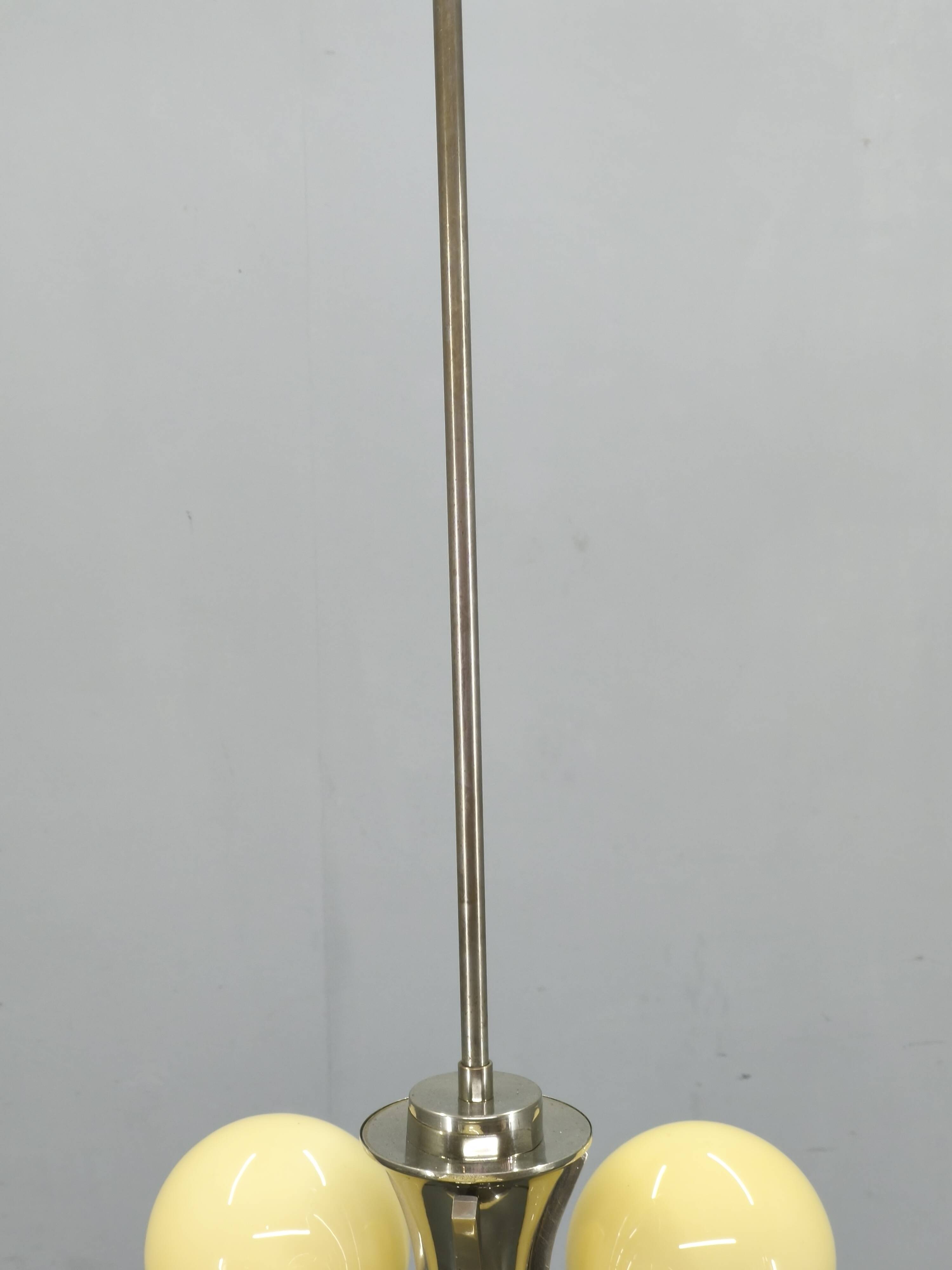 Art Deco Chrome and Opaline Glass Chandelier, 1930s