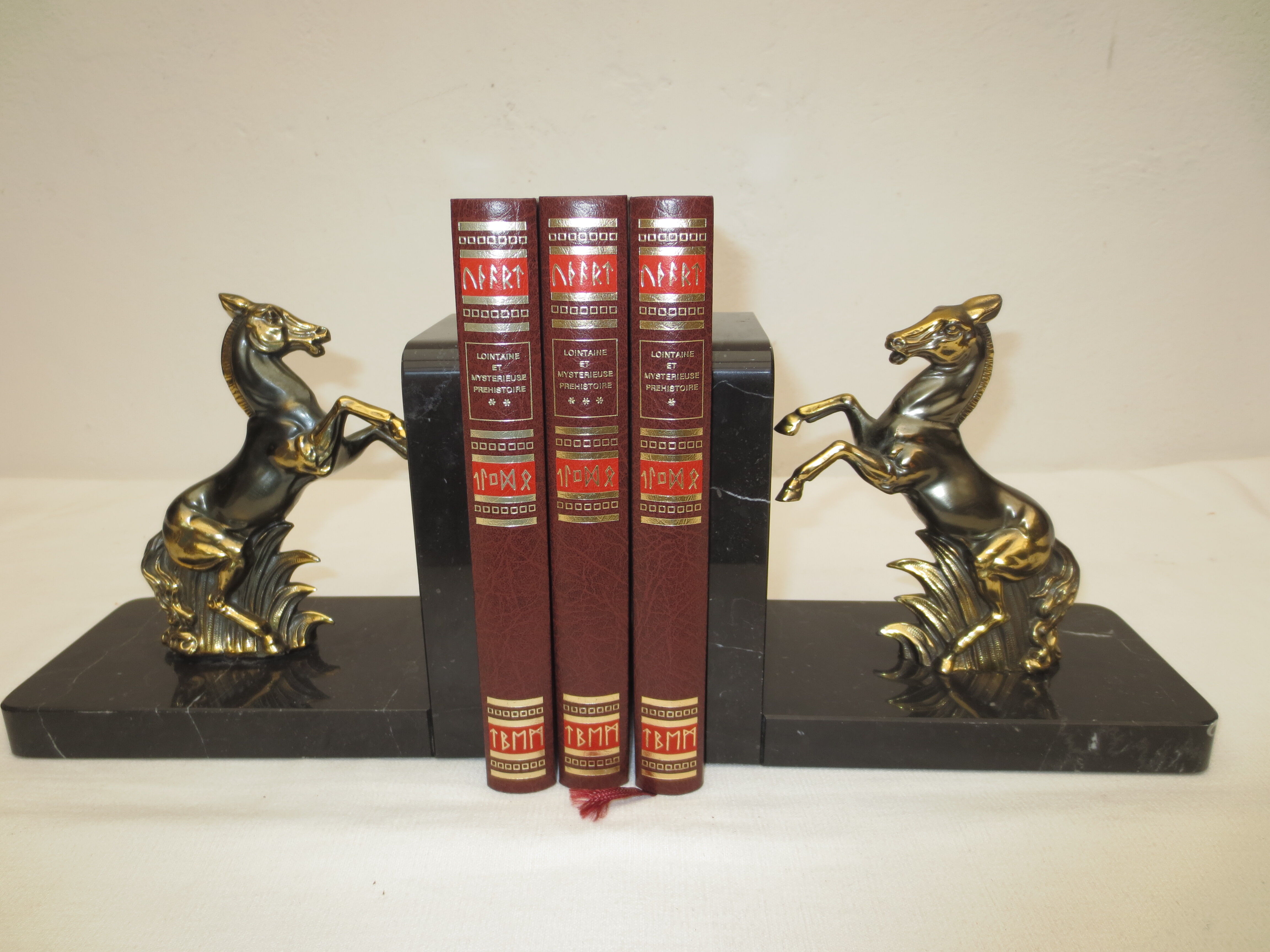 Greenhouse old marble books and metal horses