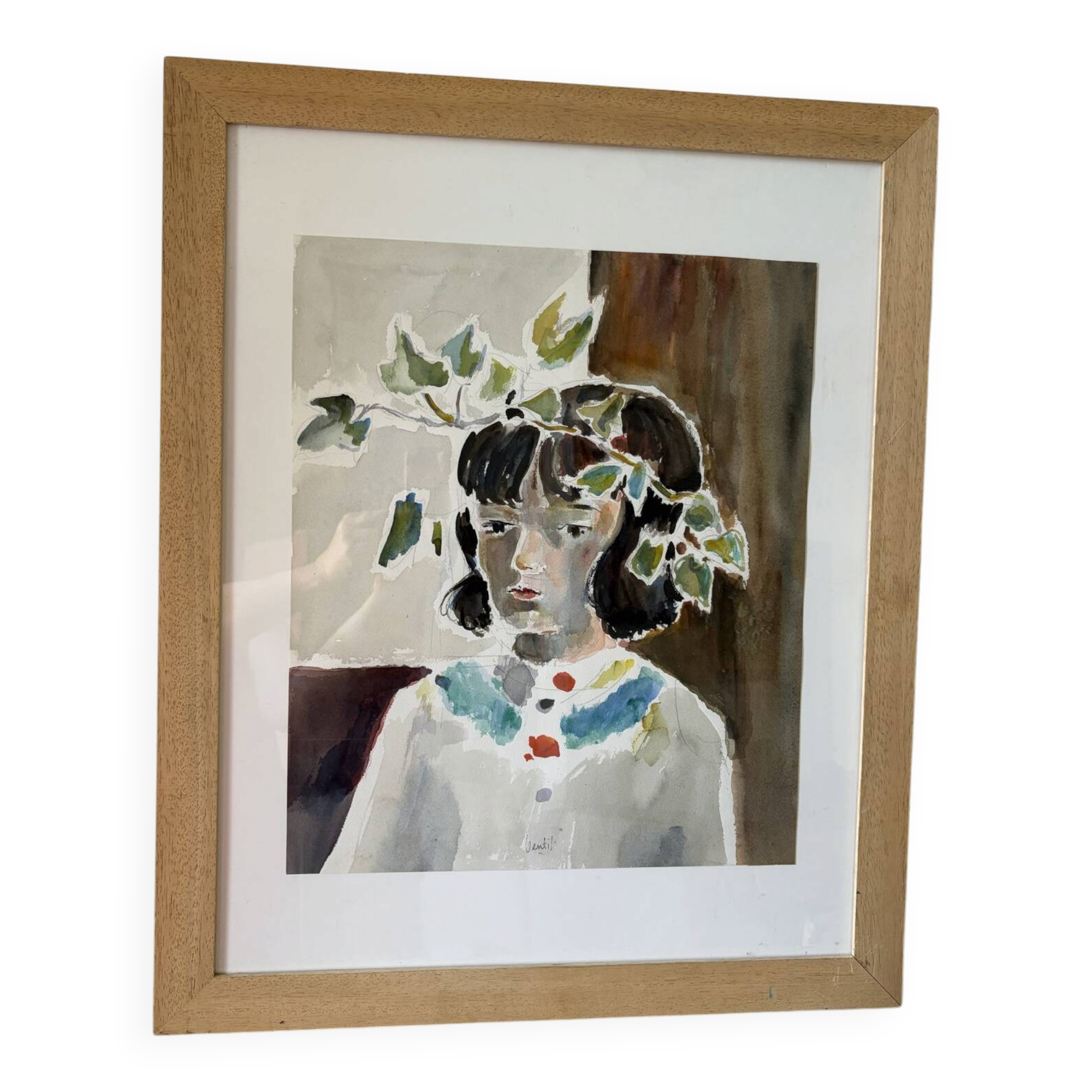 Woman with leaves, watercolour on paper, signed Ventil.