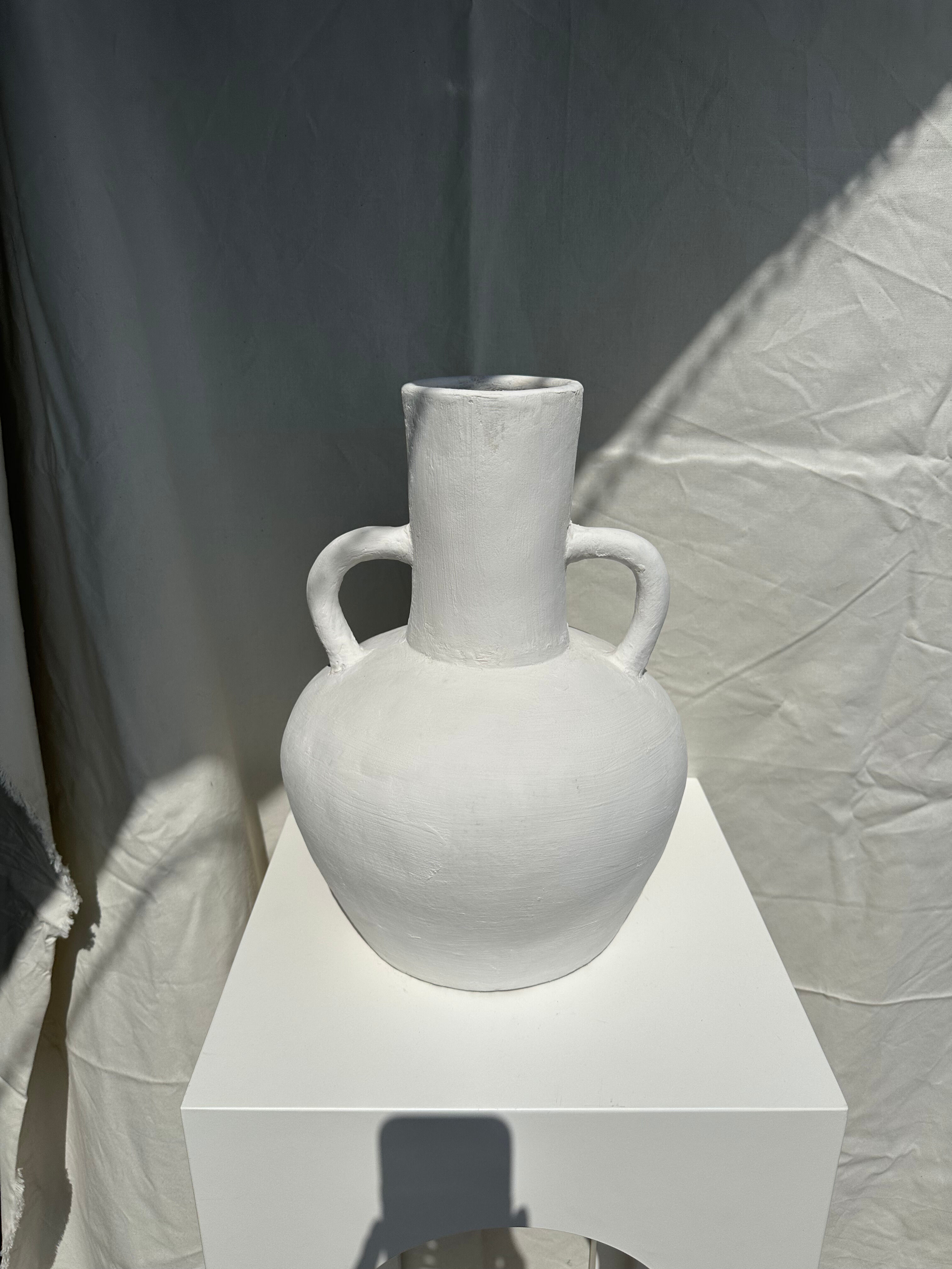 Handcrafted terracotta vase painted white with double handles h:40 d:30