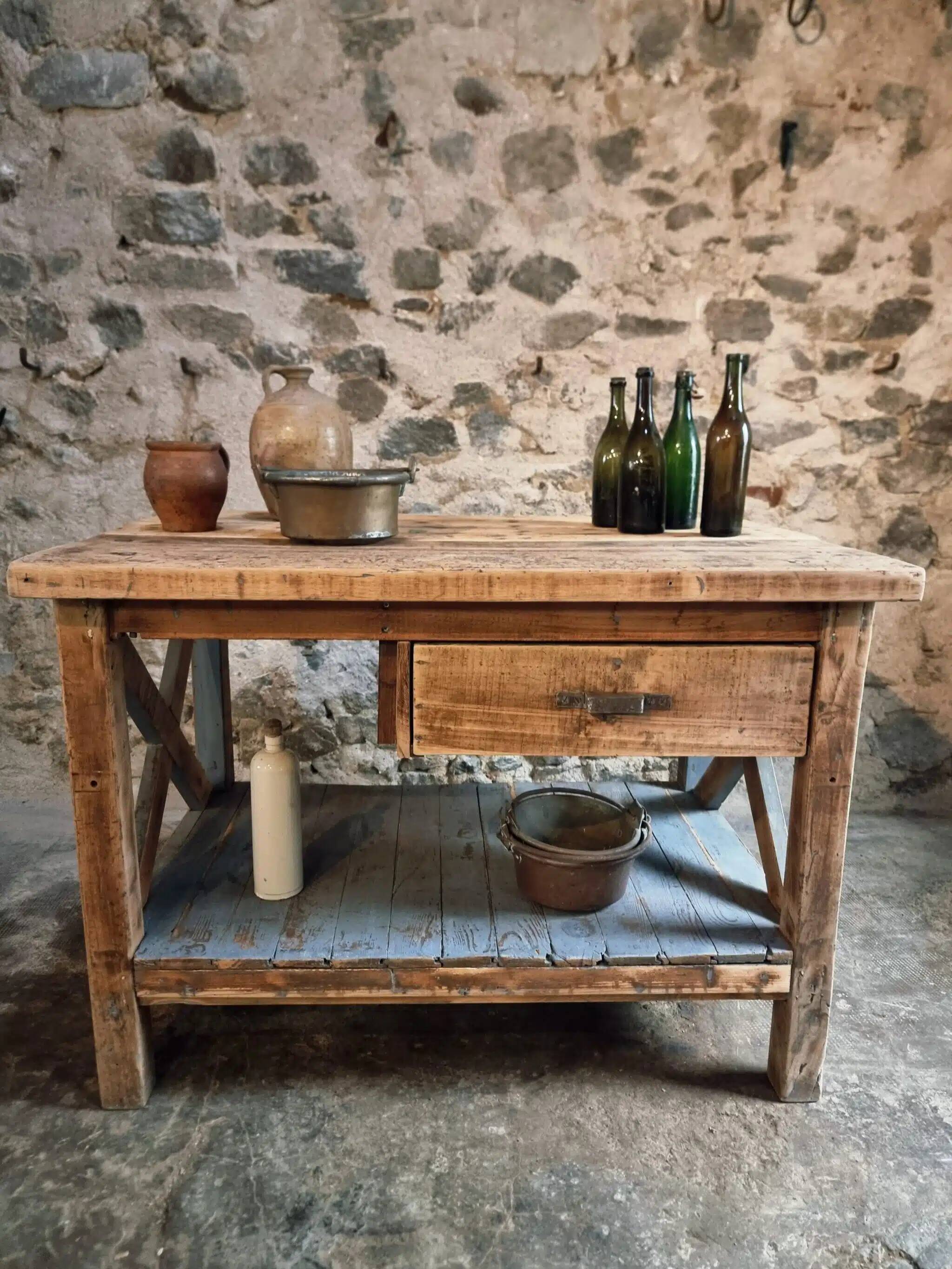Vintage French industrial workbench – 1920s/1930s oak and pine table with drawer
