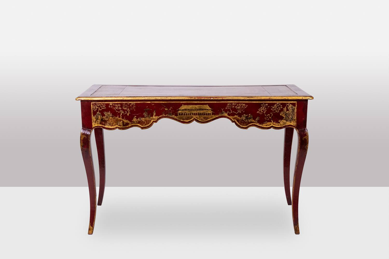 Louis XV style bureau plat with lake scene decoration. Circa 1800.