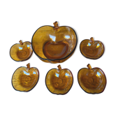 Salad bowl and apple raviers in amber glass 70 years