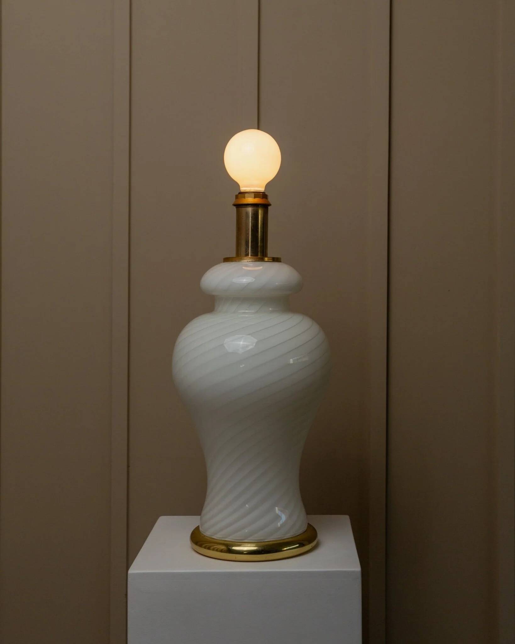 XXL Murano White Opaline Glass Table Lamp, 1970s Mid-Century Swirl, Mouth-Blown Italy