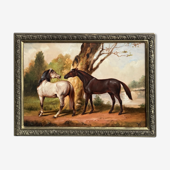 Peinture "Paire de chevaux" Huile sur panneau