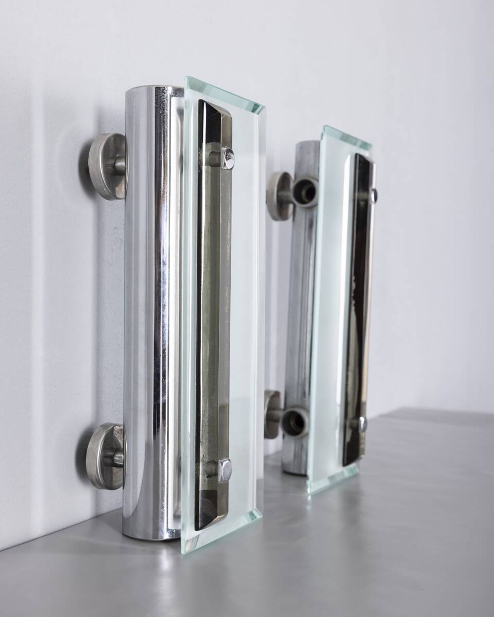 Pair of vintage 1960s metal and glass wall lamps, Italian design