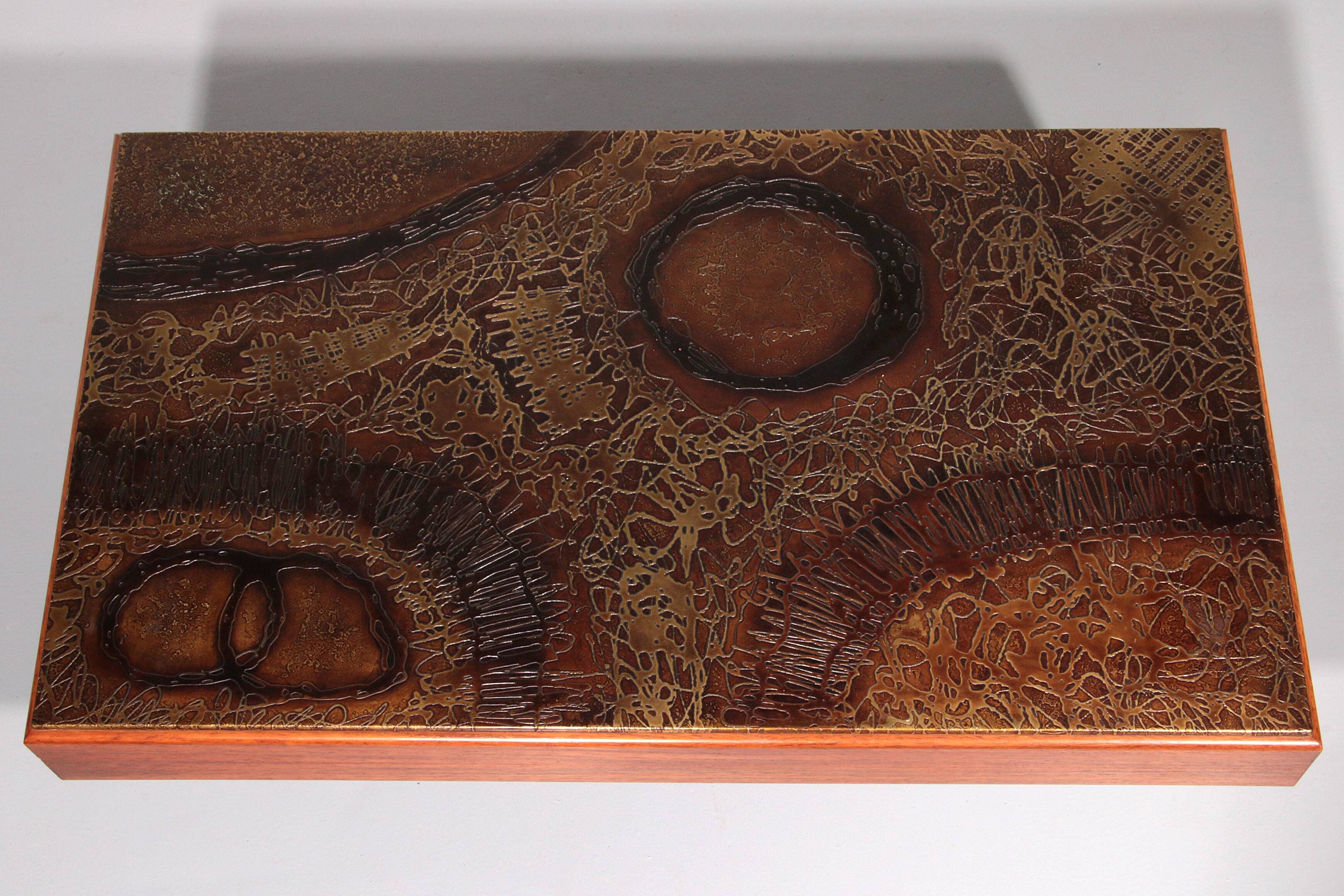 Brutalist Coffee Table with Copper Top and Wooden Base