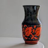 Sgraffito Scraffito enameled ceramic vase in green and orange colors - Year 1950