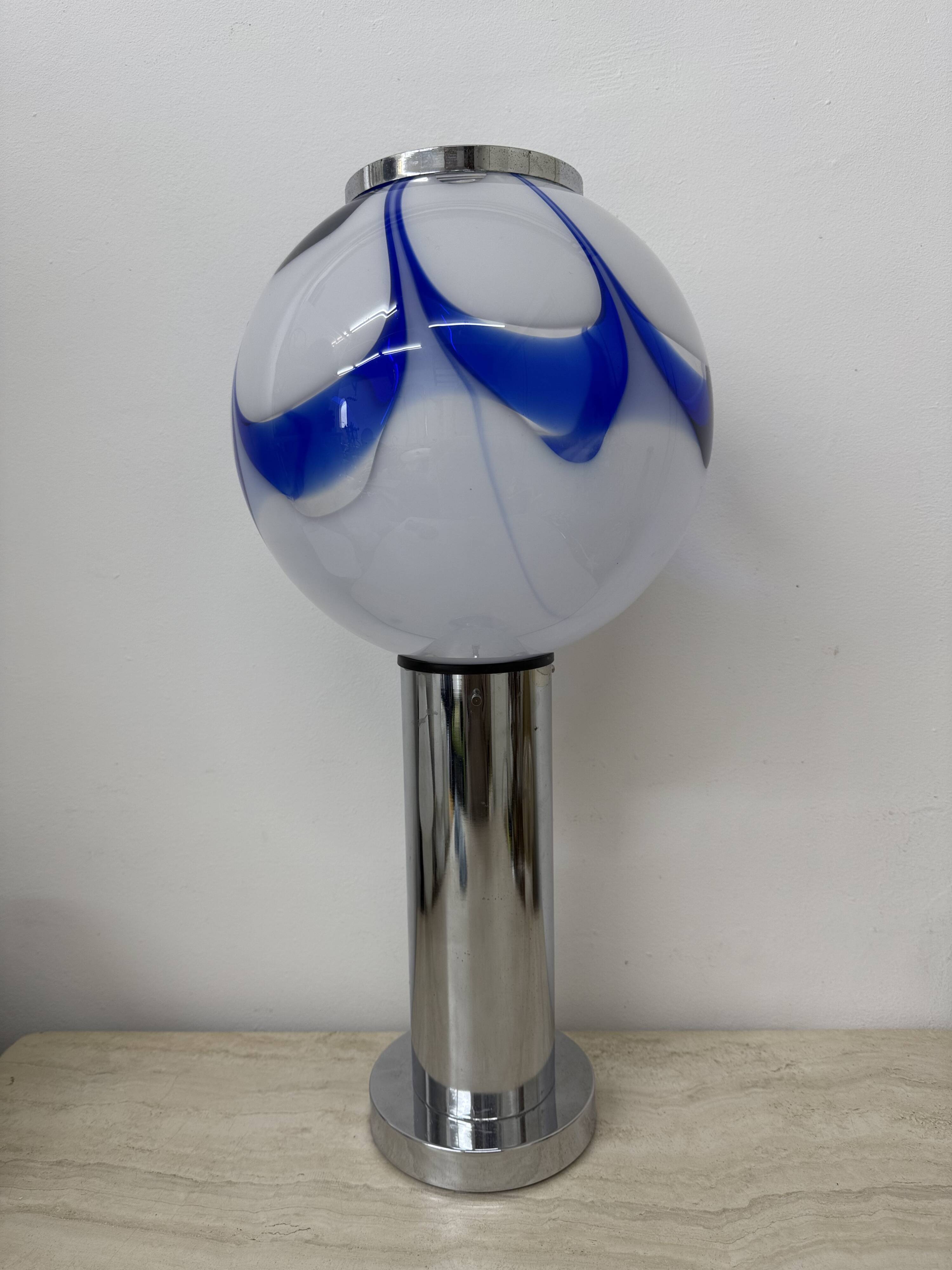 Mid – century Large glass table lamp with blue swirl , 1970s Italy