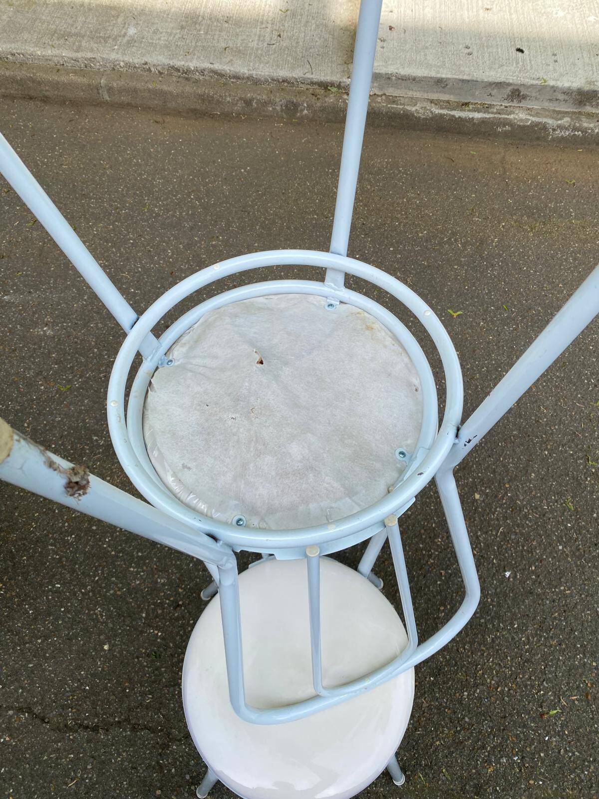 3 white steel and beige leather bistro chairs